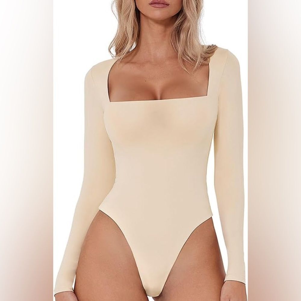 QINSEN NWT Large Sexy Square Neck Bodysuit Long Sleeve Double Lined
